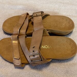 Vionic Metallic Taupe Dual-Strap Slide Sandals